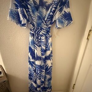 Blue and White Leaf Print Maxi Dress